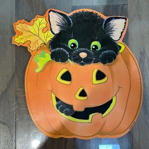 Excellent Condition Paper Halloween Cat & Pumpkin Decoration